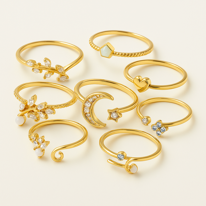 Συλλογή 10 μποέμικων δαχτυλιδιών από ασήμι και επιχρυσωμένο